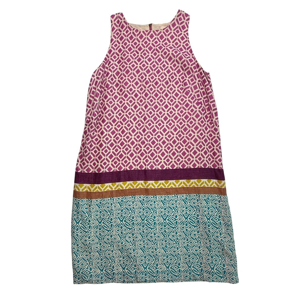 Ann Taylor LOFT Linen Shift Dress Size 4 Geometric Magenta Teal Lined